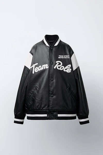 FAUX LEATHER BOMBER JACKET WITH EMBROIDERED TEXT