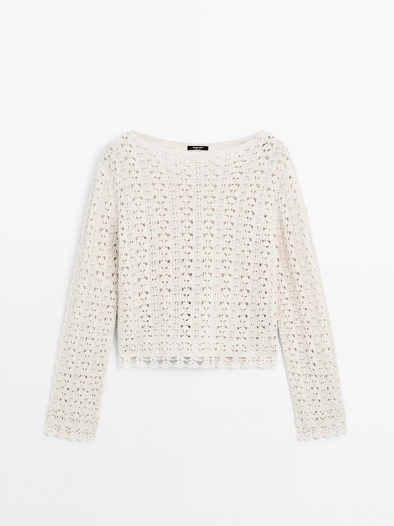 Cotton blend openwork crochet sweater
