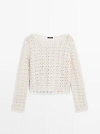 Cotton blend openwork crochet sweater