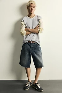 BAGGY FIT DENIM SHORTS WITH LEATHER POCKETS
