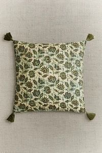 FLORAL THROW PILLOW COVER WITH POMPOMS