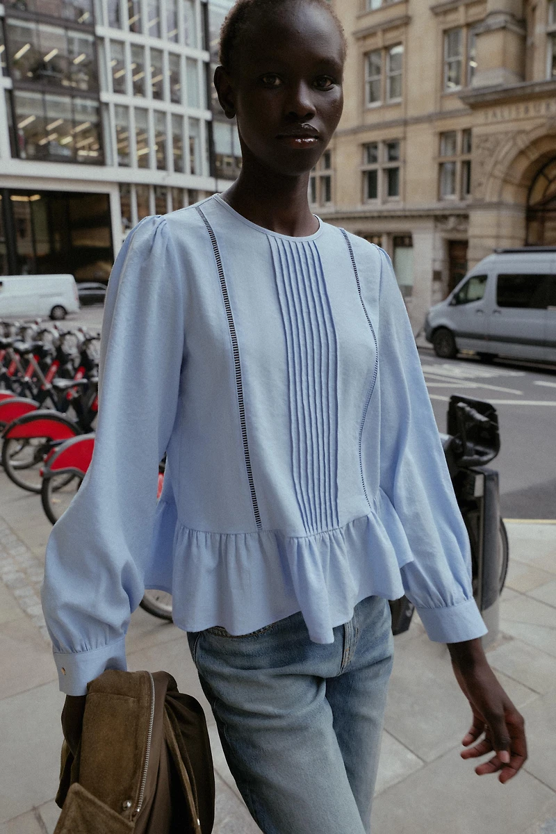 LACE TRIM PEPLUM BLOUSE