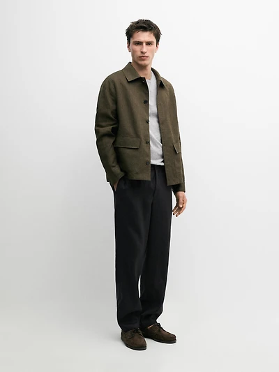 100% linen overshirt with striped pocket details