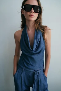 OPEN BACK BELTED HALTER JUMPSUIT