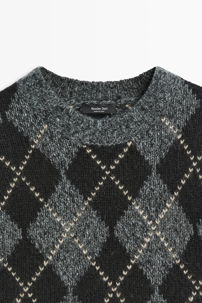 Cashmere-blend short sleeve argyle knit sweater