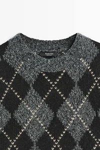 Cashmere-blend short sleeve argyle knit sweater