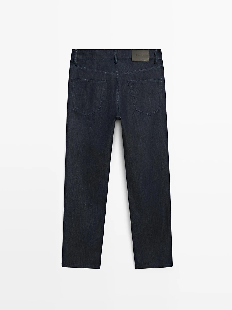 Lightweight tapered fit denim-effect trousers