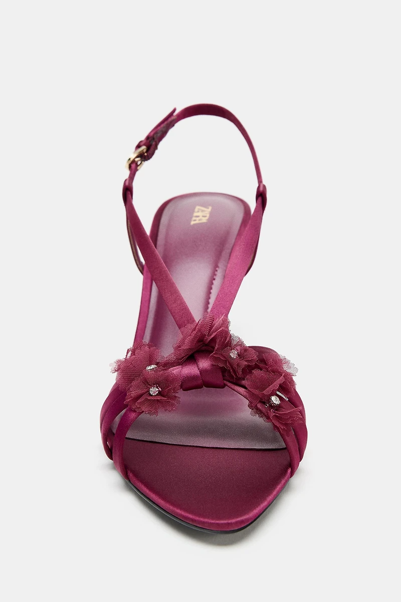 SATIN EFFECT FLORAL HEELED SANDALS