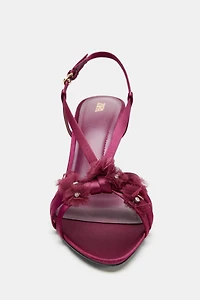 SATIN EFFECT FLORAL HEELED SANDALS