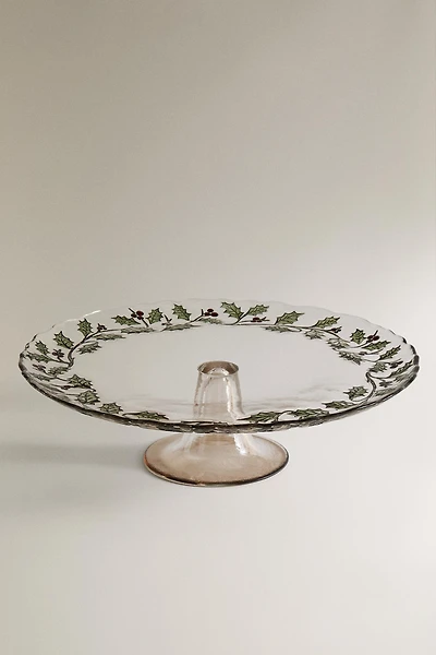 PLAT À TARTES EN VERRE FEUILLE DE HOUX NOËL