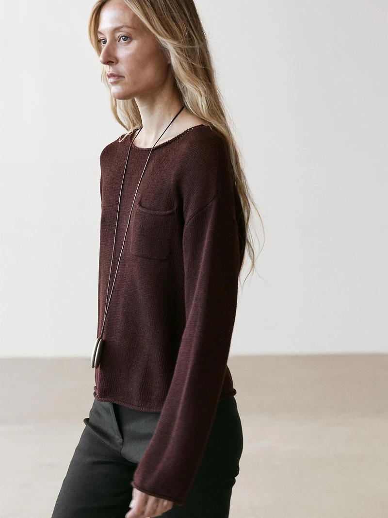 Cotton and linen knit sweater with pocket detail