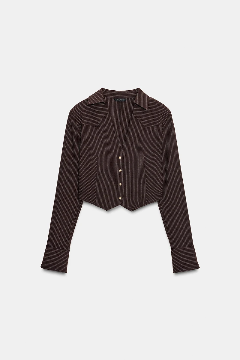 STRIPED SHOULDER PAD CROP SHIRT