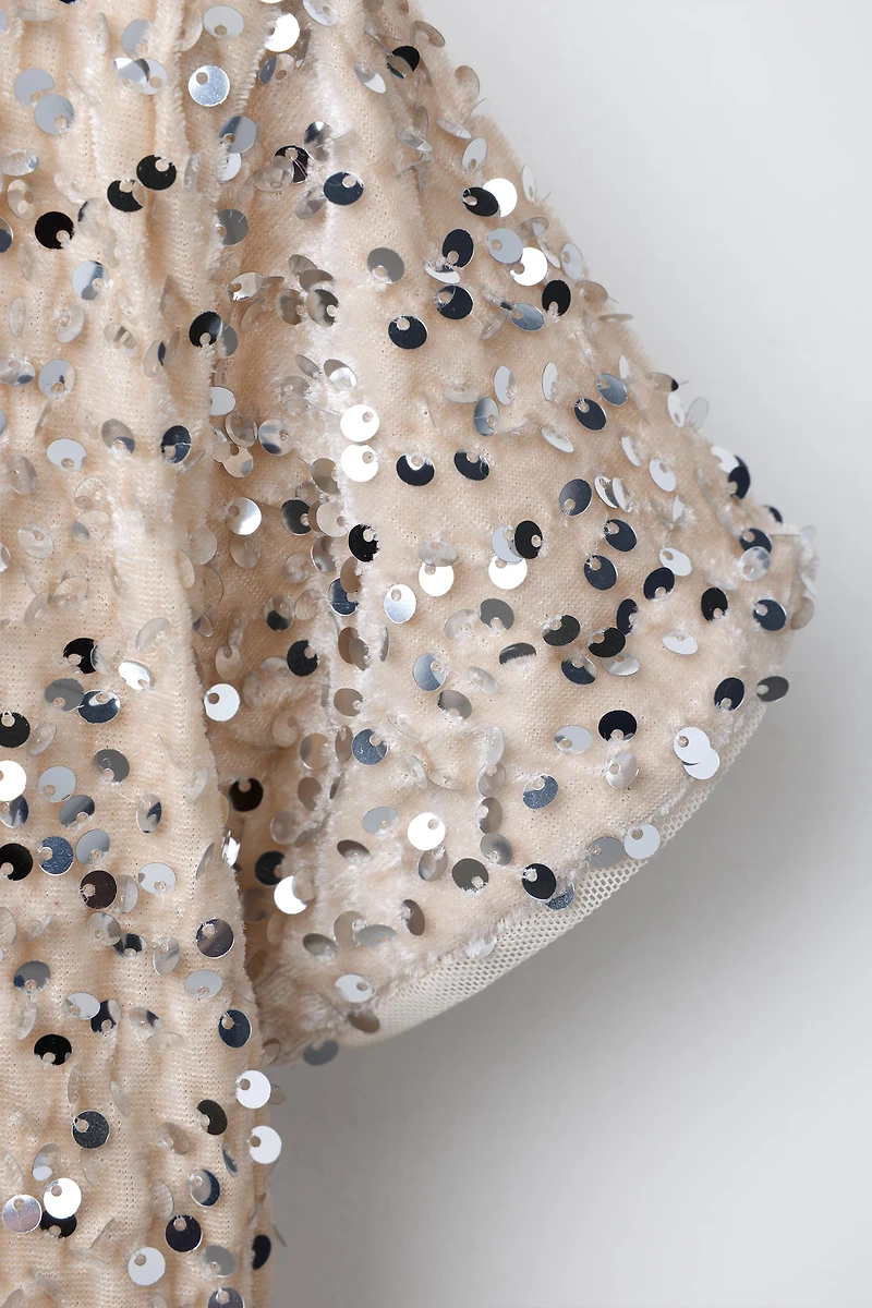 LONG SEQUIN AND VELVET JUMPSUIT