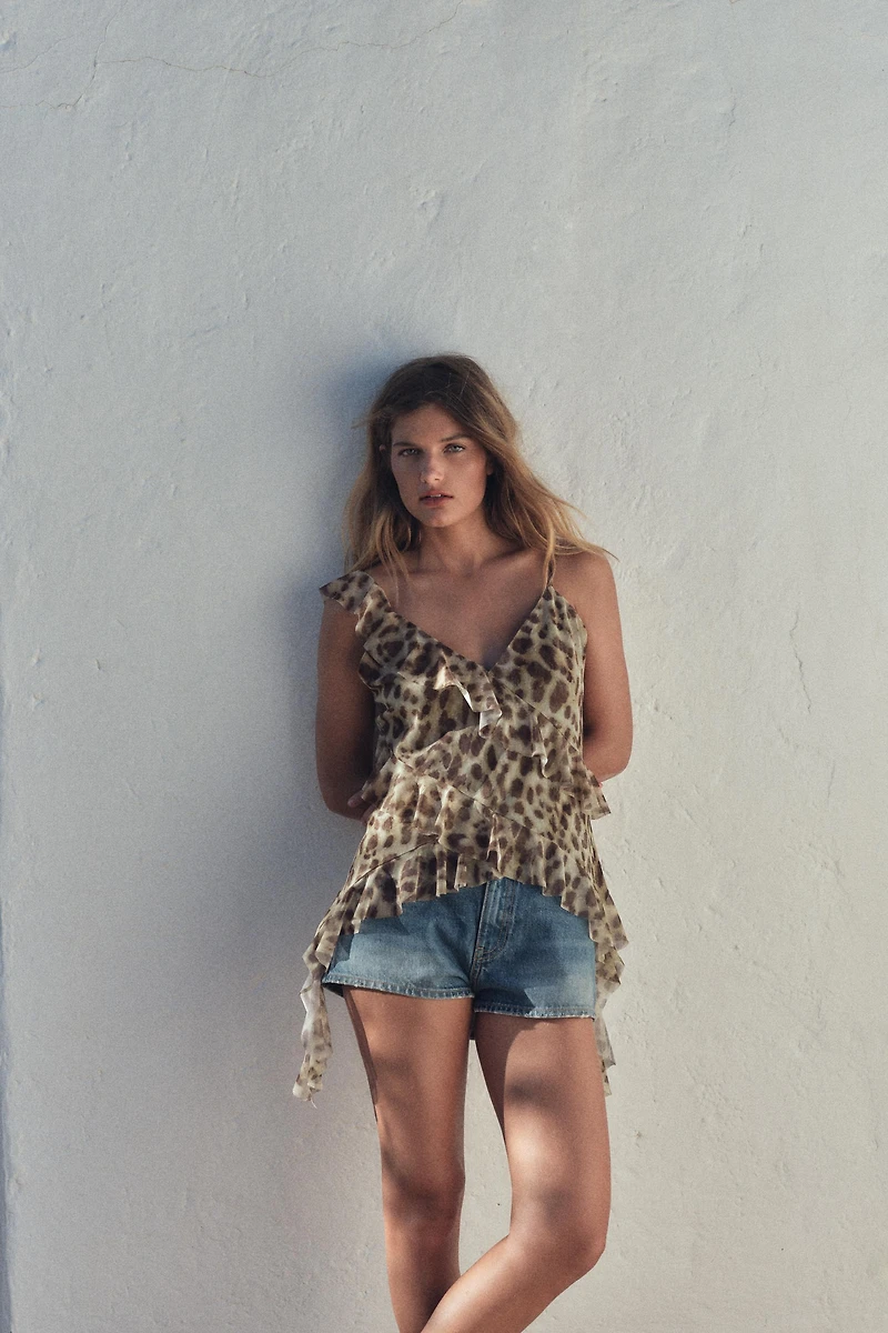 PRINTED TULLE RUFFLE TOP