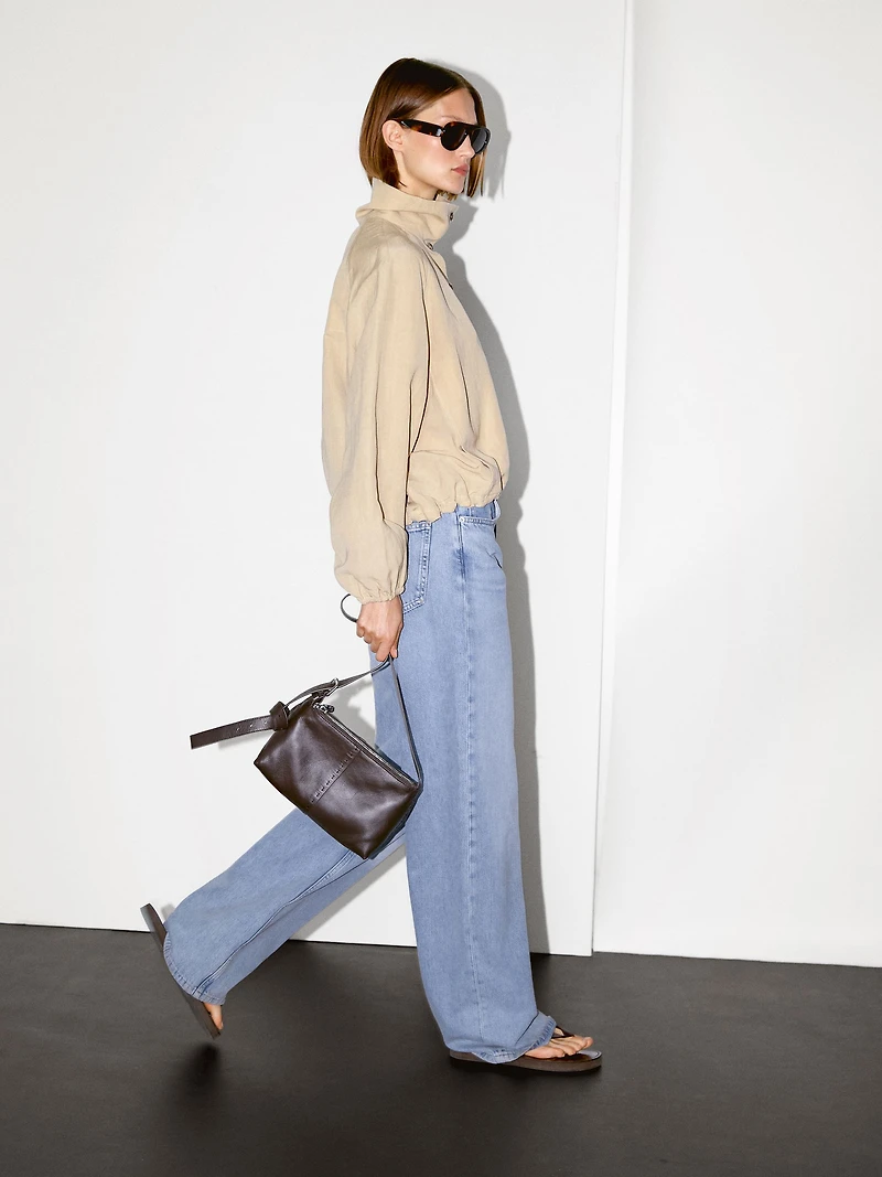 High neck linen blend bomber jacket