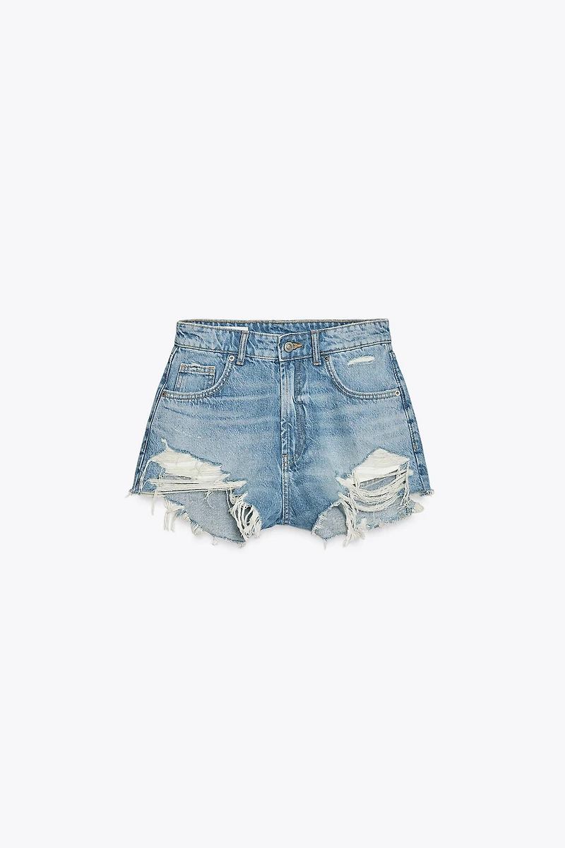 CURVED HIGH-WAISTED DENIM SHORTS