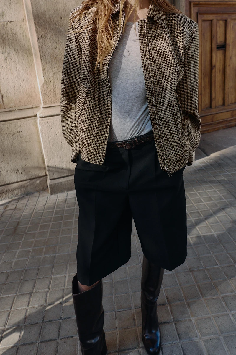 HOUNDSTOOTH BOMBER JACKET WITH SHOULDER PADS