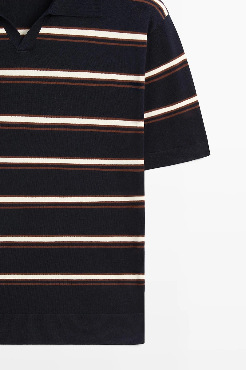 Striped V-neck knit polo shirt