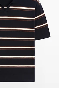 Striped V-neck knit polo shirt