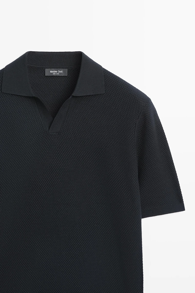 Cotton blend knit V-neck polo shirt