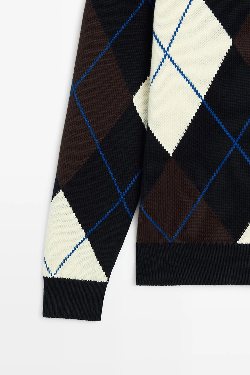 100% Cotton Argyle Knit Sweater