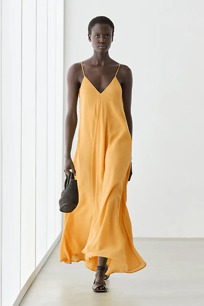 Linen blend flowing V-neck dress