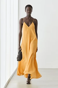 Linen blend flowing V-neck dress