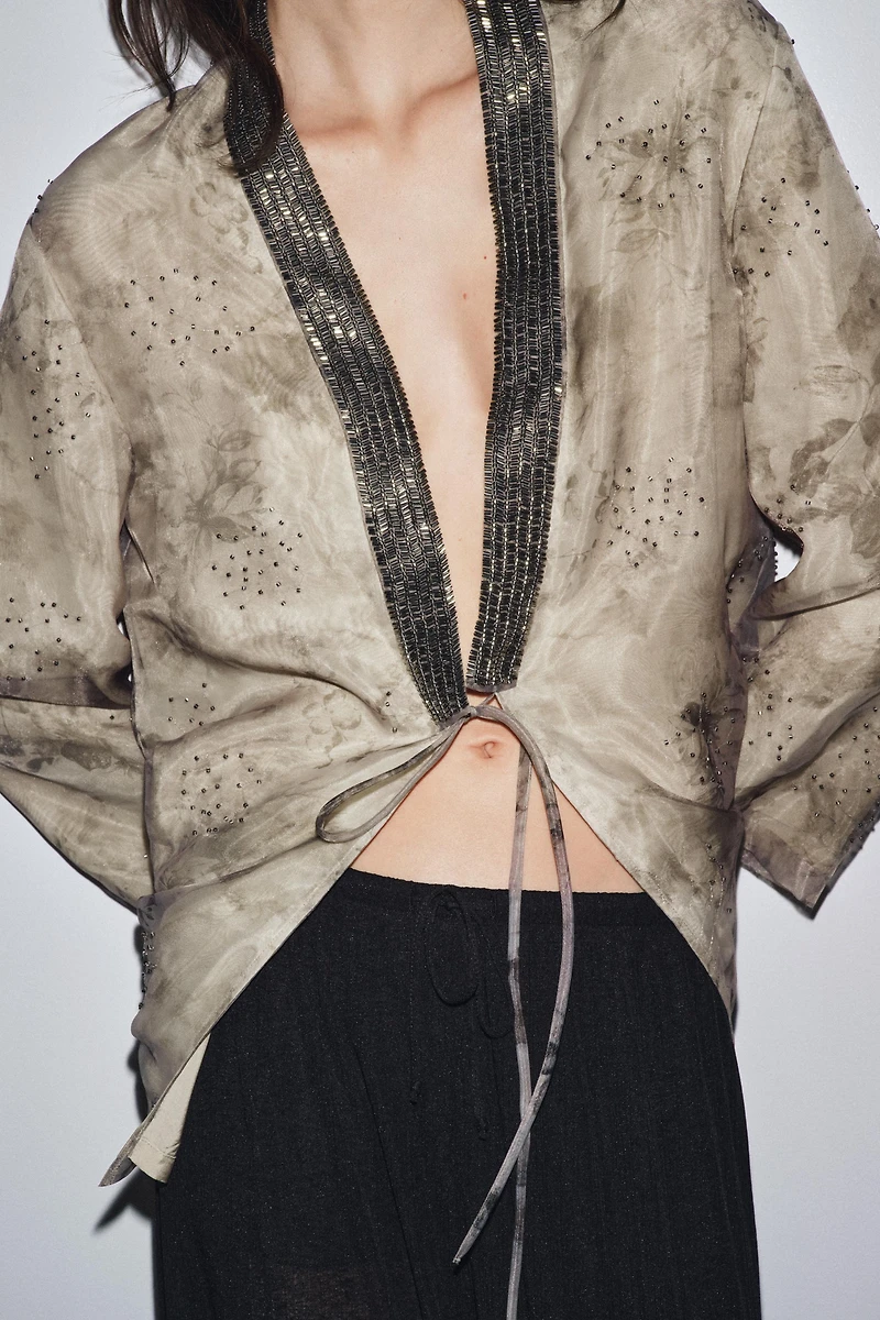 BEADED PRINT ORGANZA KIMONO