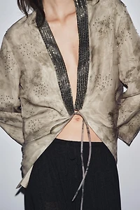 BEADED PRINT ORGANZA KIMONO