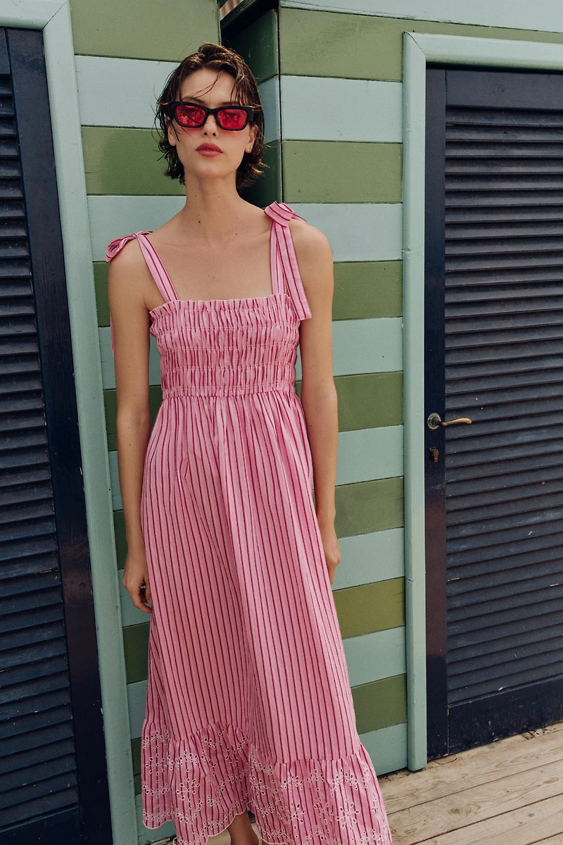 STRIPED TIED MIDI DRESS