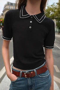 CONTRAST STITCH KNIT POLO TOP