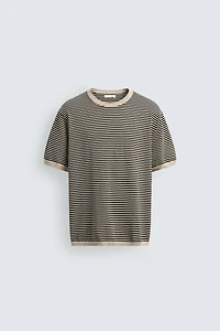 STRIPED COTTON LINEN KNIT T-SHIRT