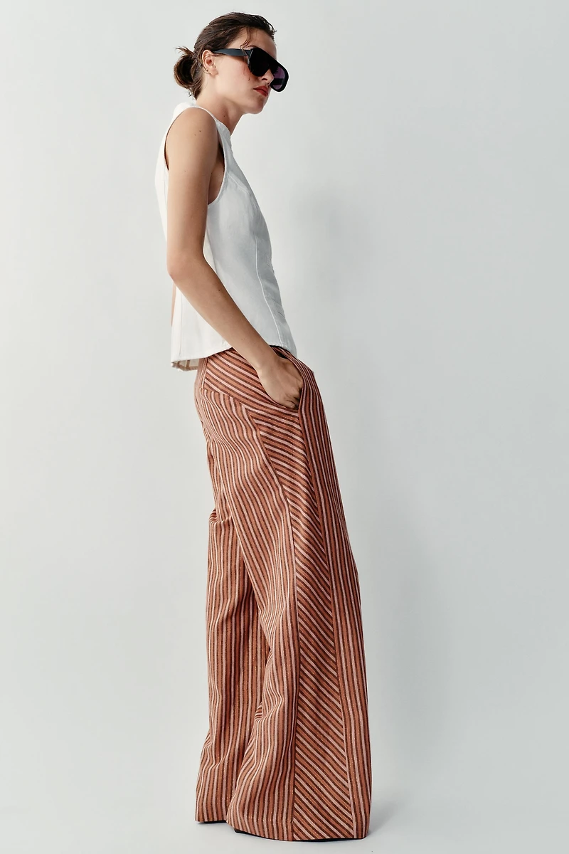 METALLIC THREAD STRIPED WIDE LEG PANTS