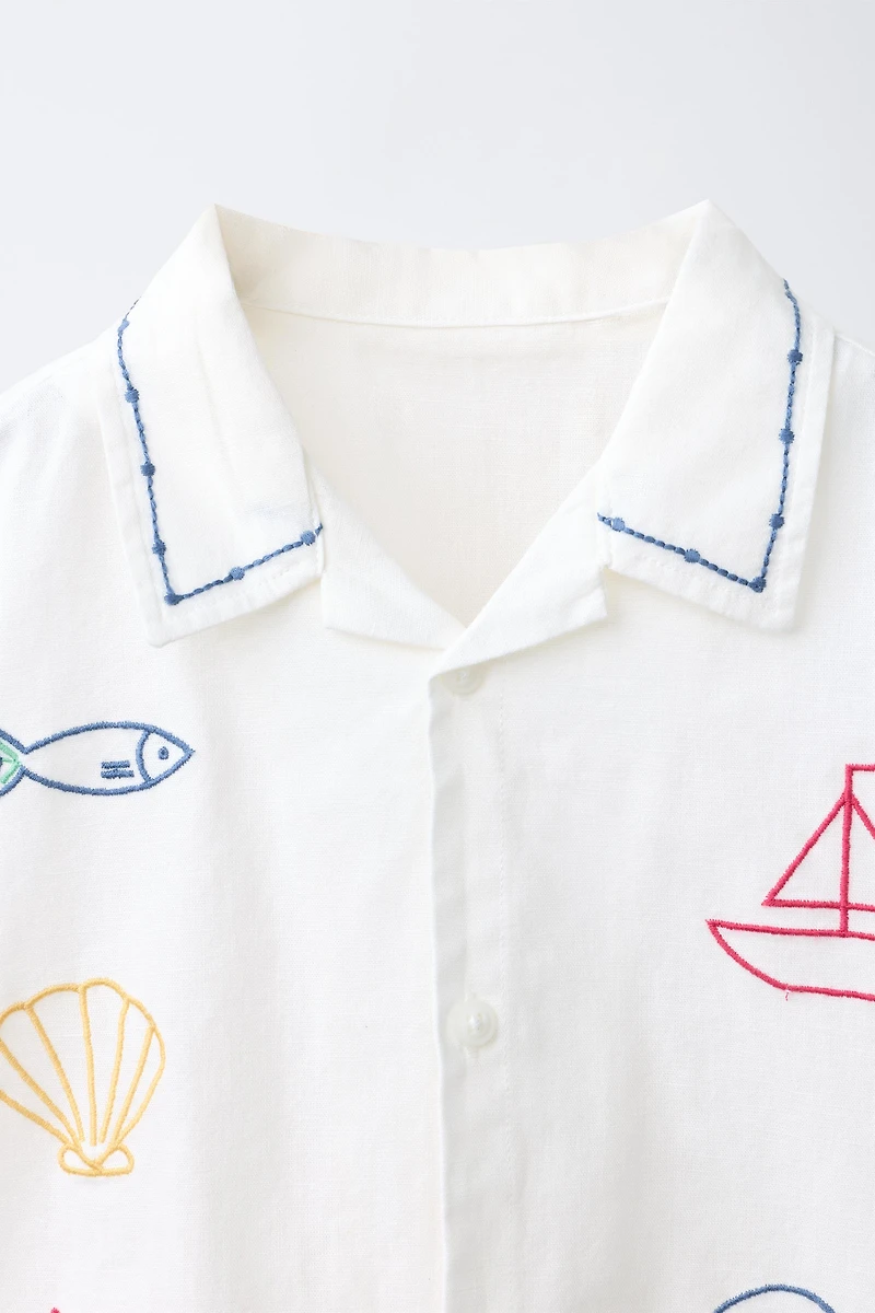 COTTON AND LINEN CONTRAST EMBROIDERY SHIRT