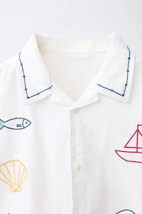 COTTON AND LINEN CONTRAST EMBROIDERY SHIRT