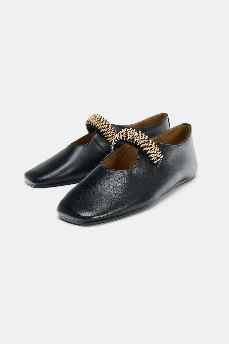 LEATHER BALLET FLATS WITH METAL STRAP