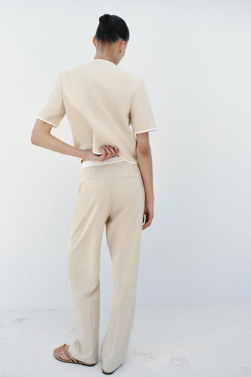 STRAIGHT LEG LINEN PANTS WITH CONTRAST WAIST