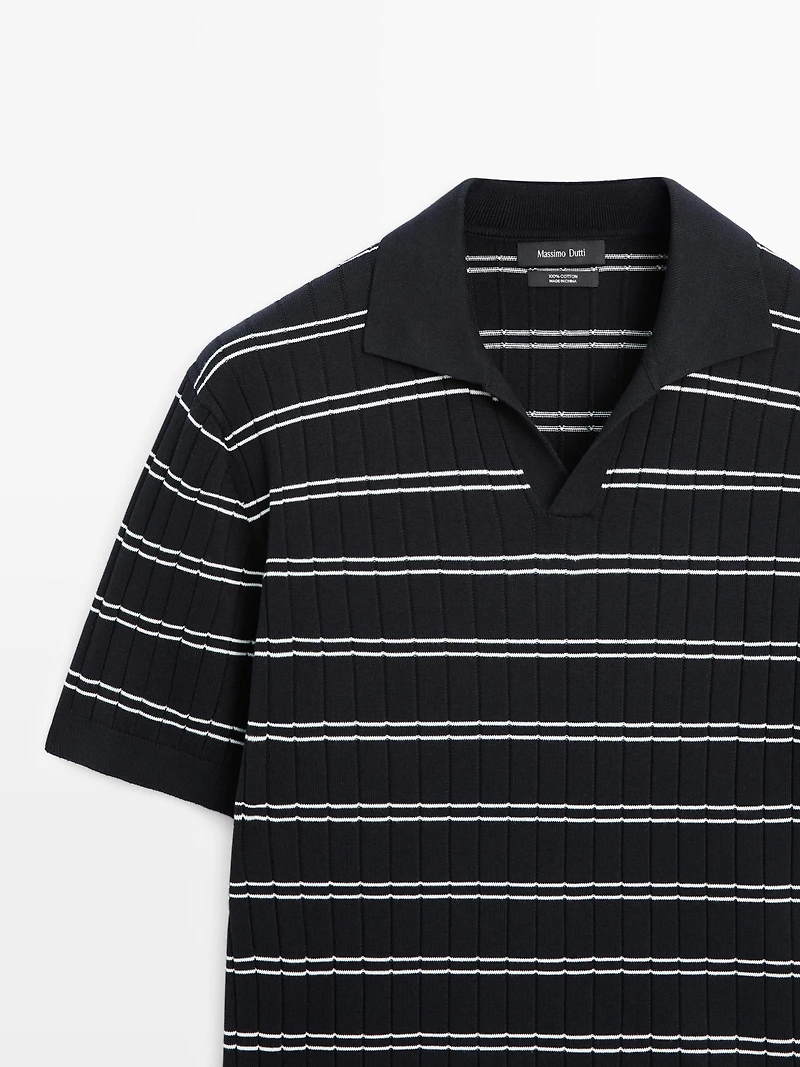 Striped cotton knit polo shirt