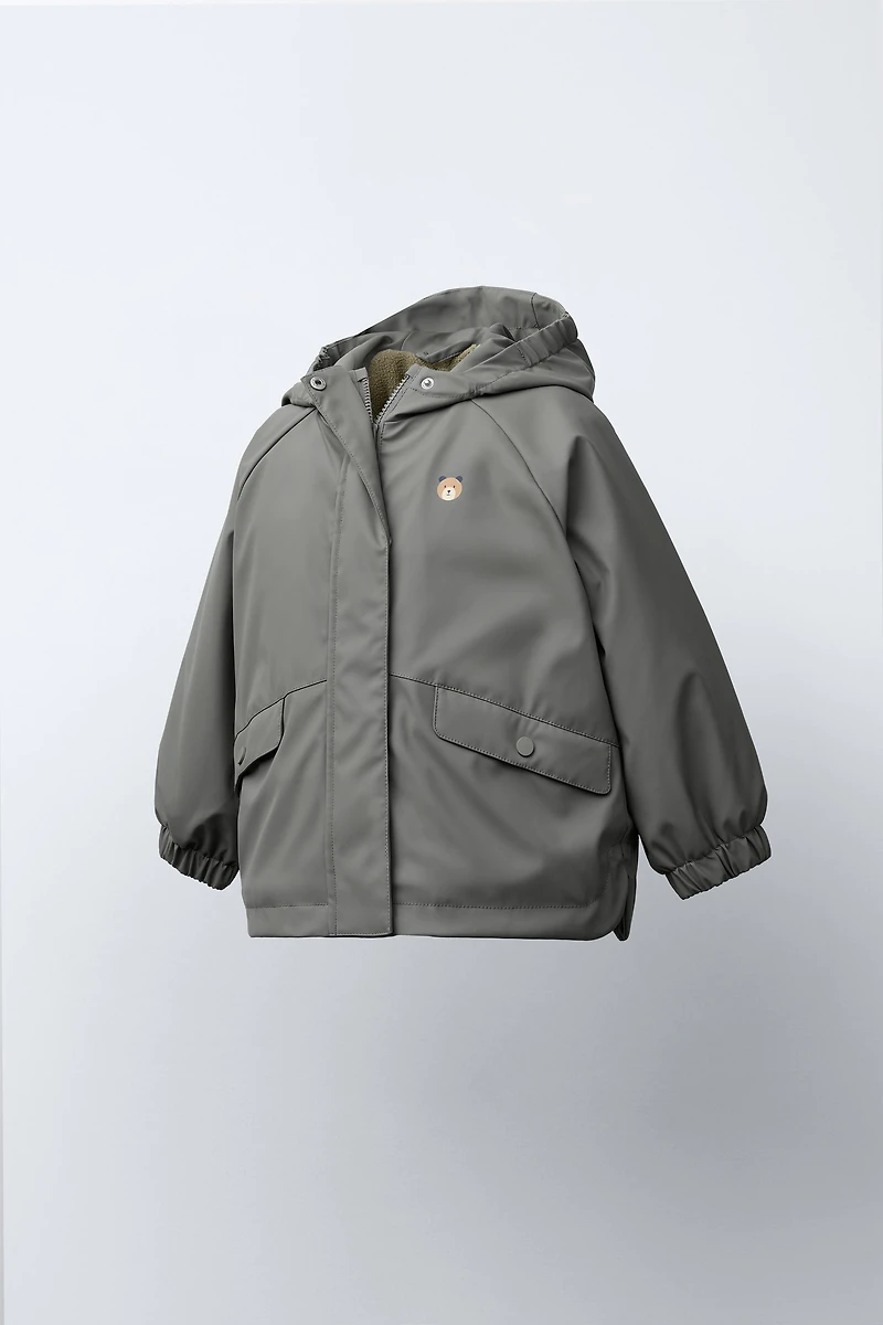 WATER-RESISTANT RUBBERIZED FLEECE-LINED RAINCOAT