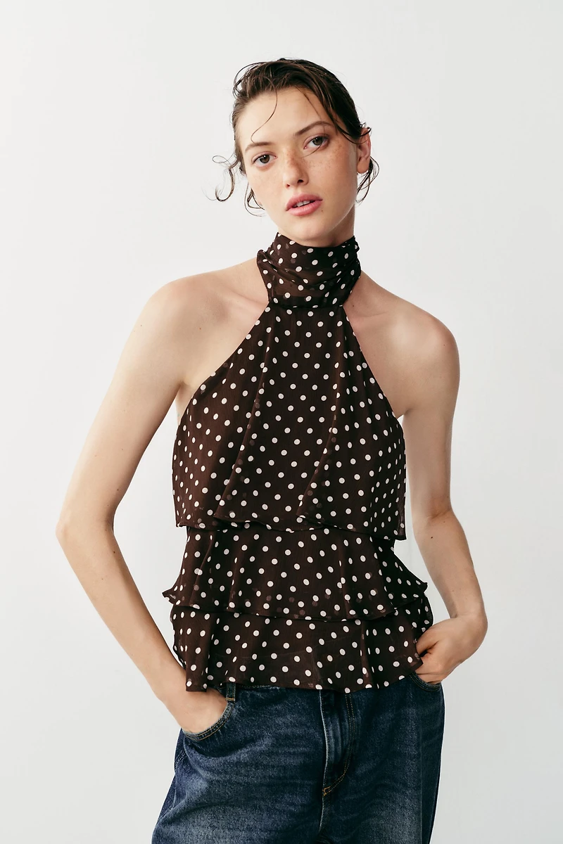 RUFFLED POLKA DOT HALTER TOP