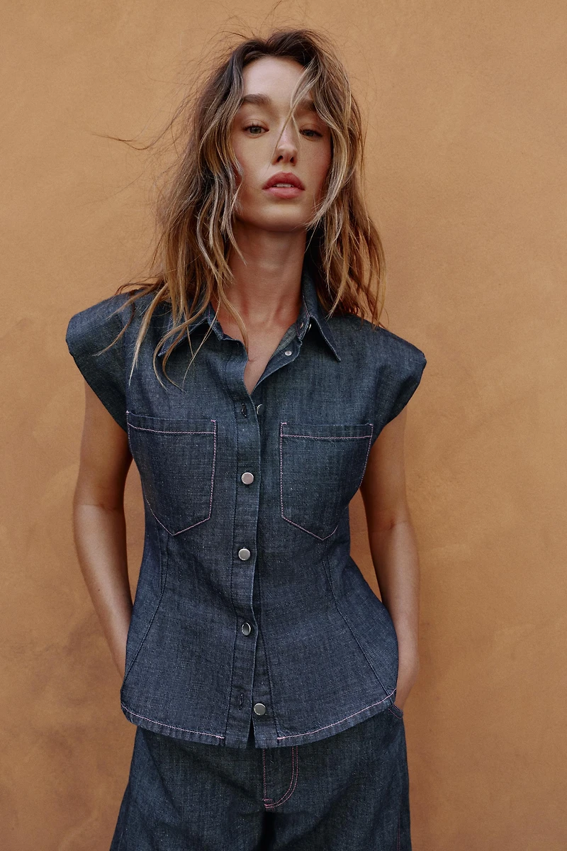 LINEN BLEND PEPLUM SHIRT WITH SHOULDER PADS