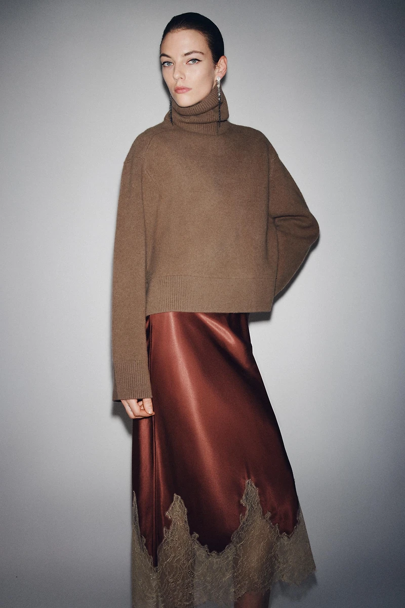 CONTRAST LACE SATIN SKIRT ZW COLLECTION