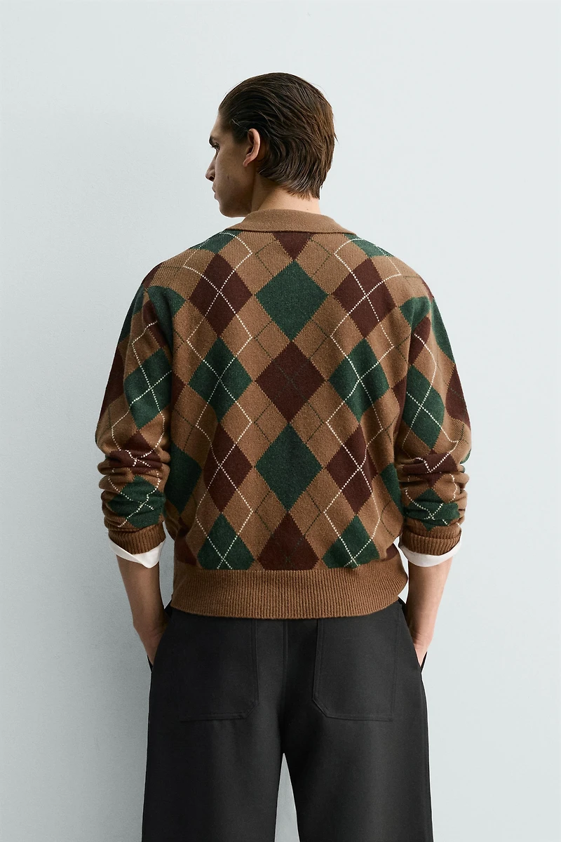 POLO EN MAILLE À LOSANGES 100 % LAINE