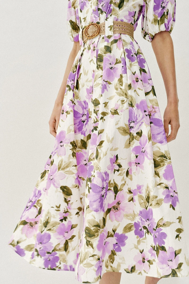 FLORAL PRINT BELTED MIDI DRESS