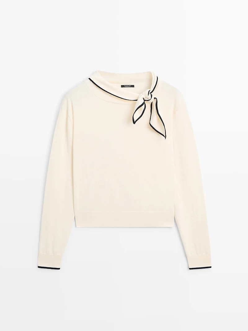 Cotton knit sweater with scarf detail