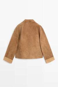 Short double-breasted suede leather jacket