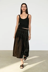 Flocked denim midi skirt with box pleats
