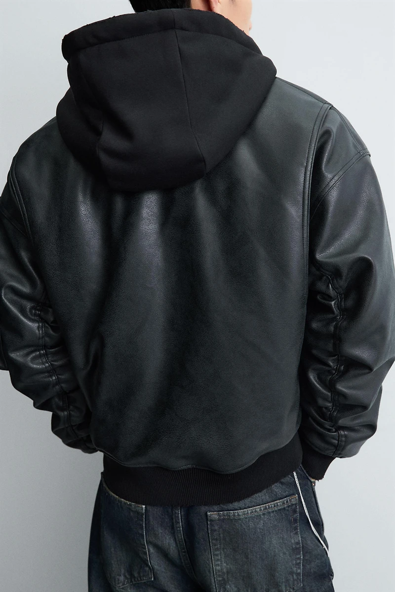 COMBINATION HOODIE FAUX LEATHER JACKET