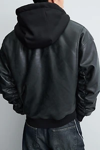 COMBINATION HOODIE FAUX LEATHER JACKET