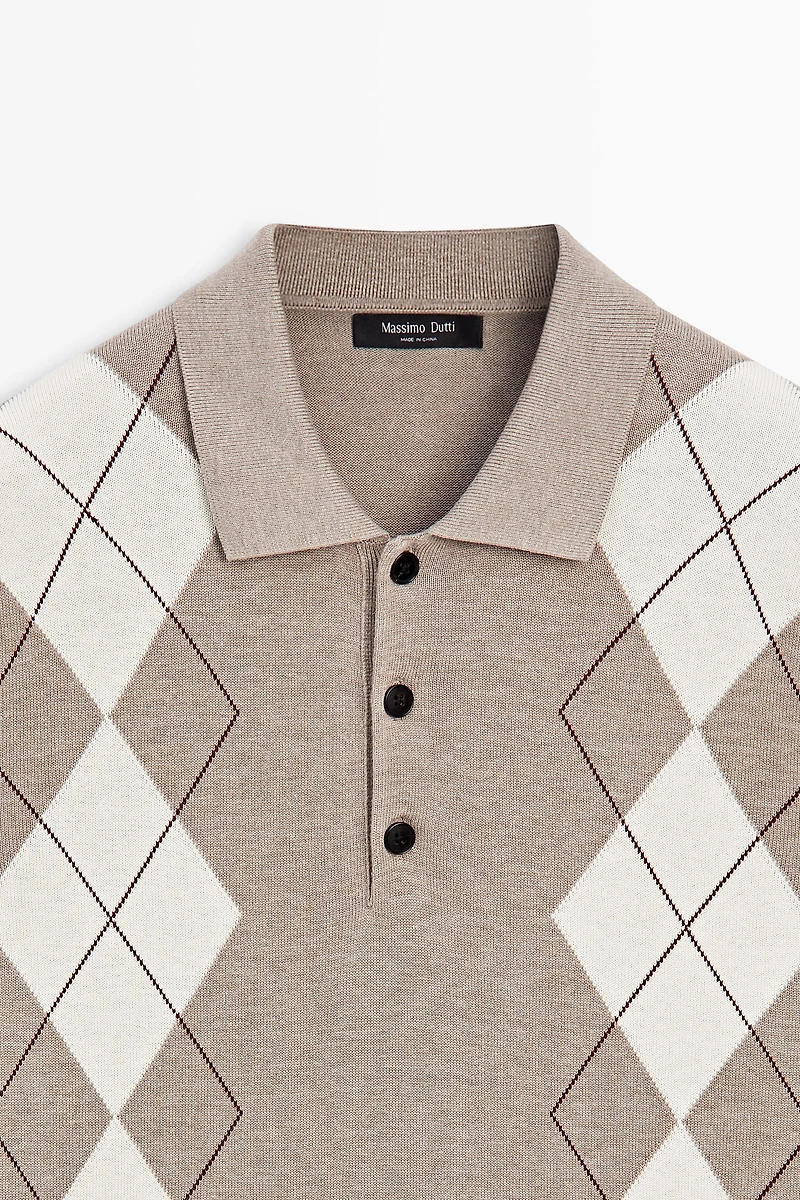 Cotton blend diamond pattern short sleeve polo shirt
